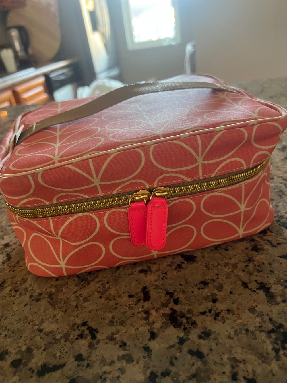 Orla Kiely Pink Coral Cosmetic Travel Case with Gold Zipper